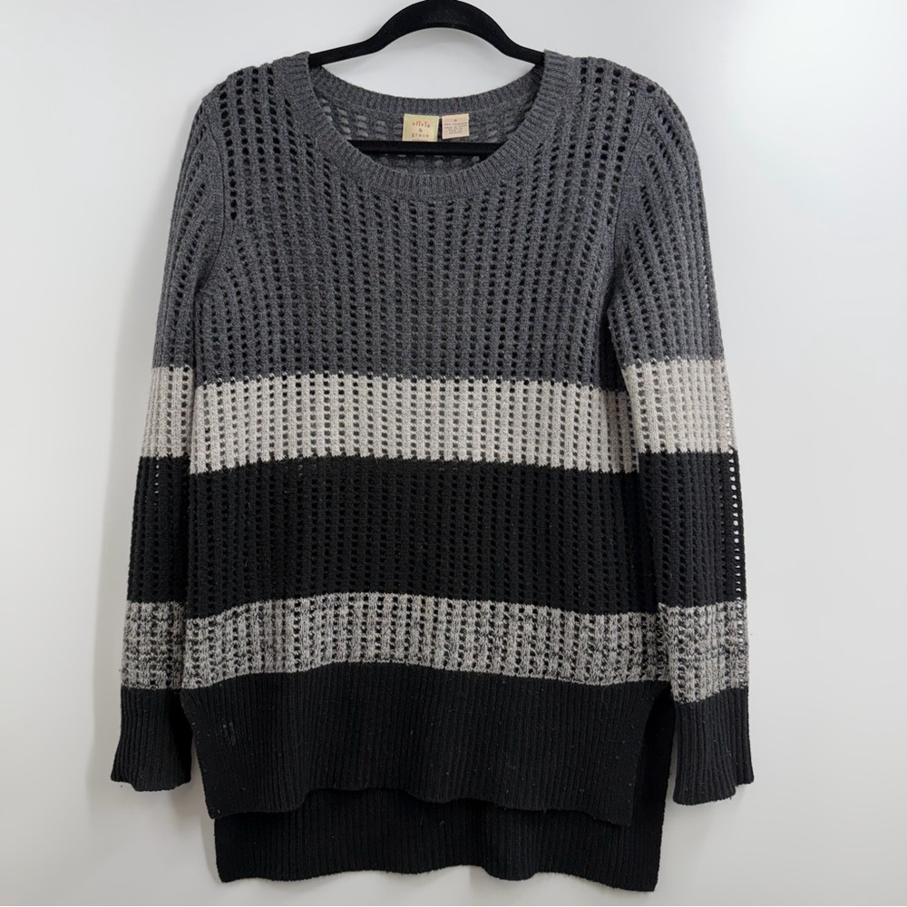 Olivia & Grace 100% Cashmere Sweater Womens S Gray Black Open Knit Colorblock